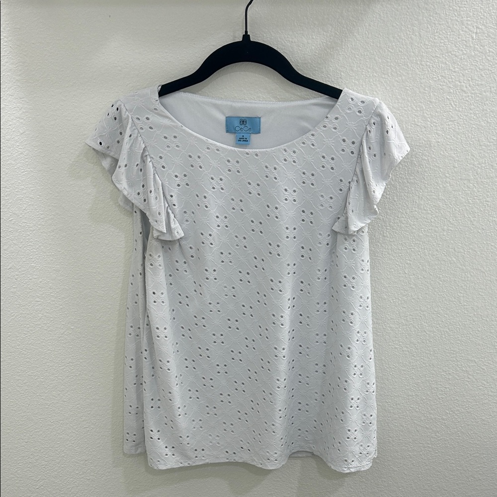 White Eyelet Ruffle Sleeve Top
